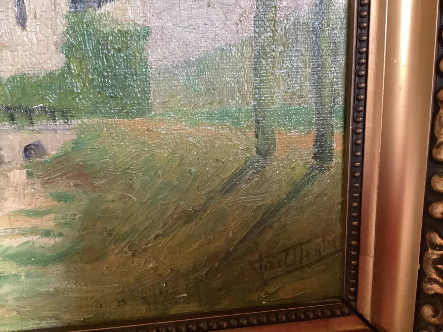 Original Oil French Château Scene with Dreamy Reflections (1934)