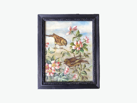 Antique 19th-Century Signed French Oil Painting Lively Birds in Blooming Shrub