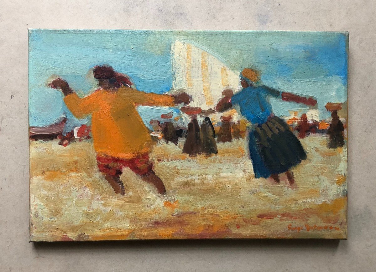 Vibrant Beach Scene Oil on Canvas