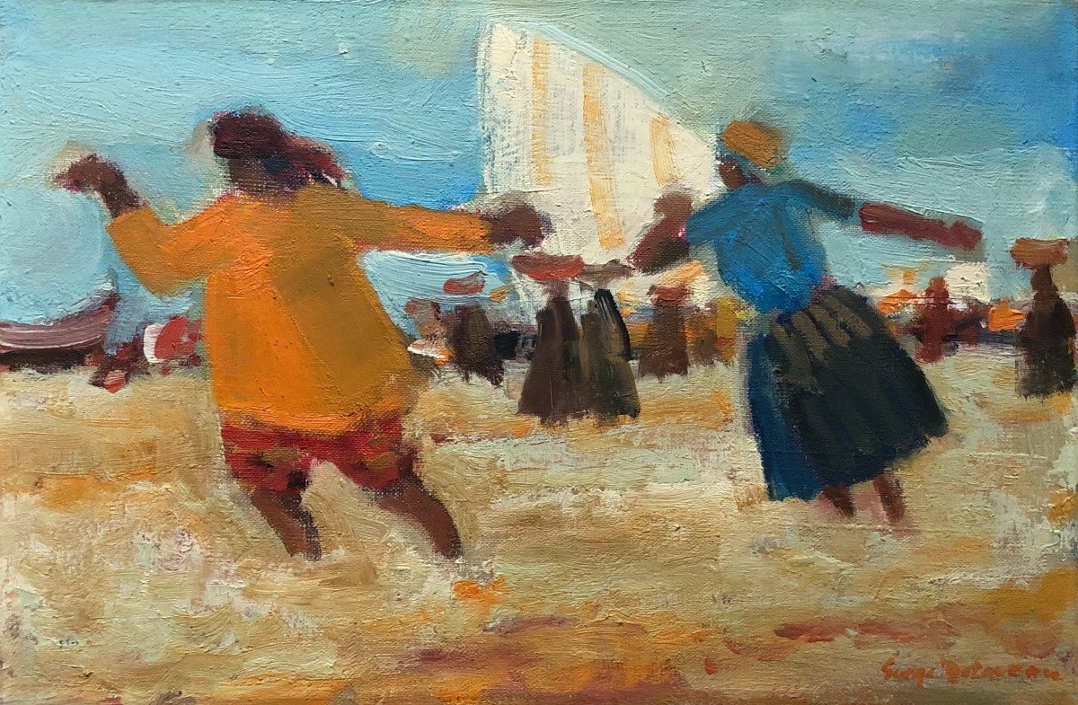 Vibrant Beach Scene Oil on Canvas