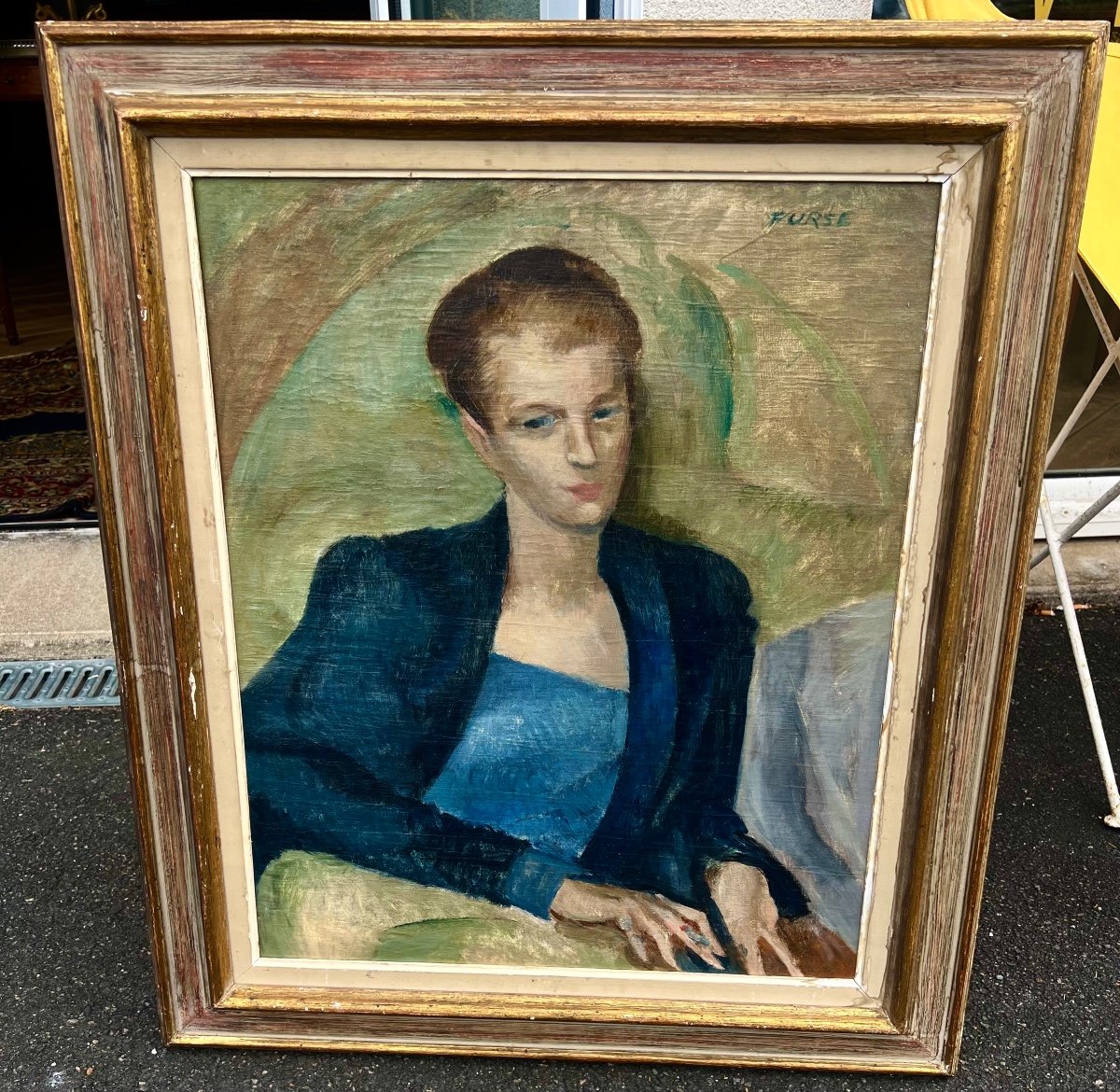 1940s French Modernist Portrait in Blues