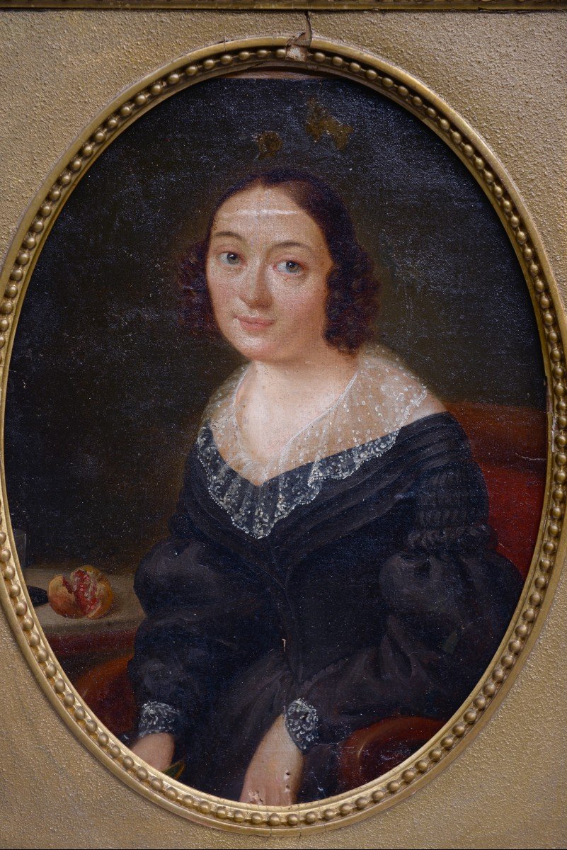 Antique 19th-Century Oil Portrait of a Lady in Lace