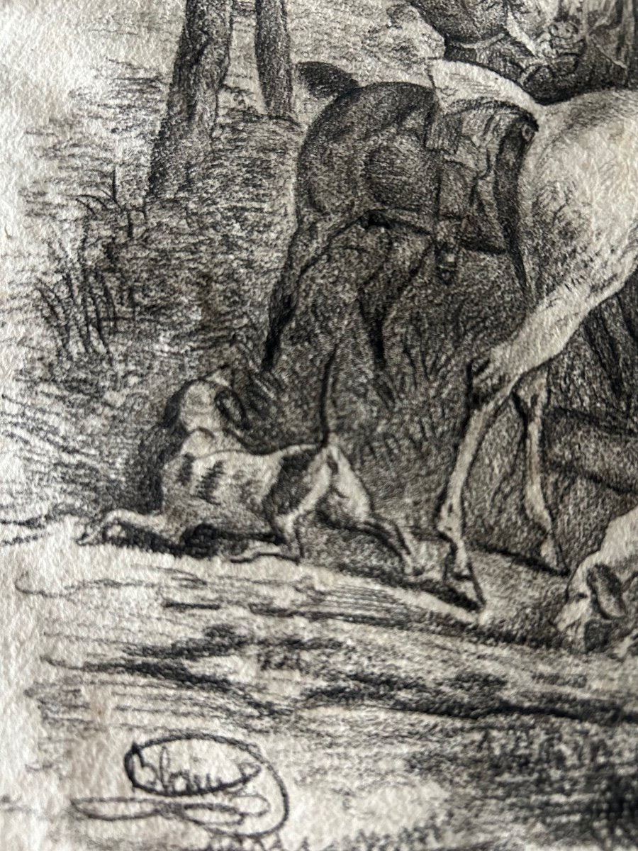 Antique French Pencil Drawing 19th-Century Hunting Scene