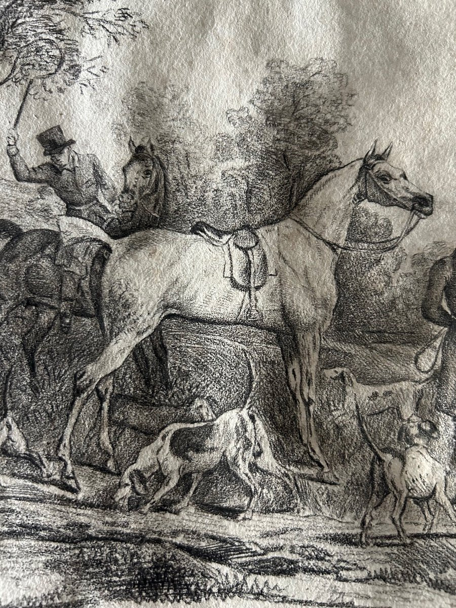 Antique French Pencil Drawing 19th-Century Hunting Scene