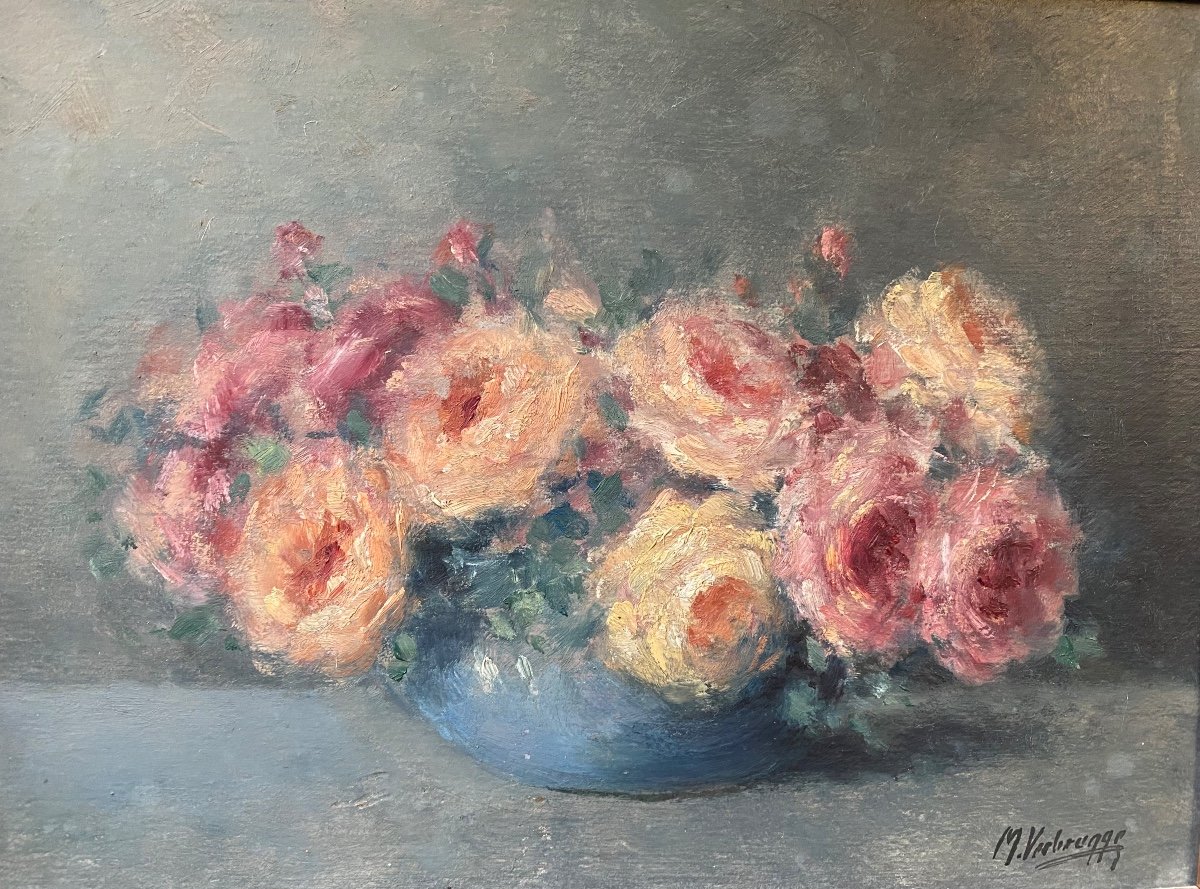 Early 20th Century French Oil Luminous Roses in Blue Vase