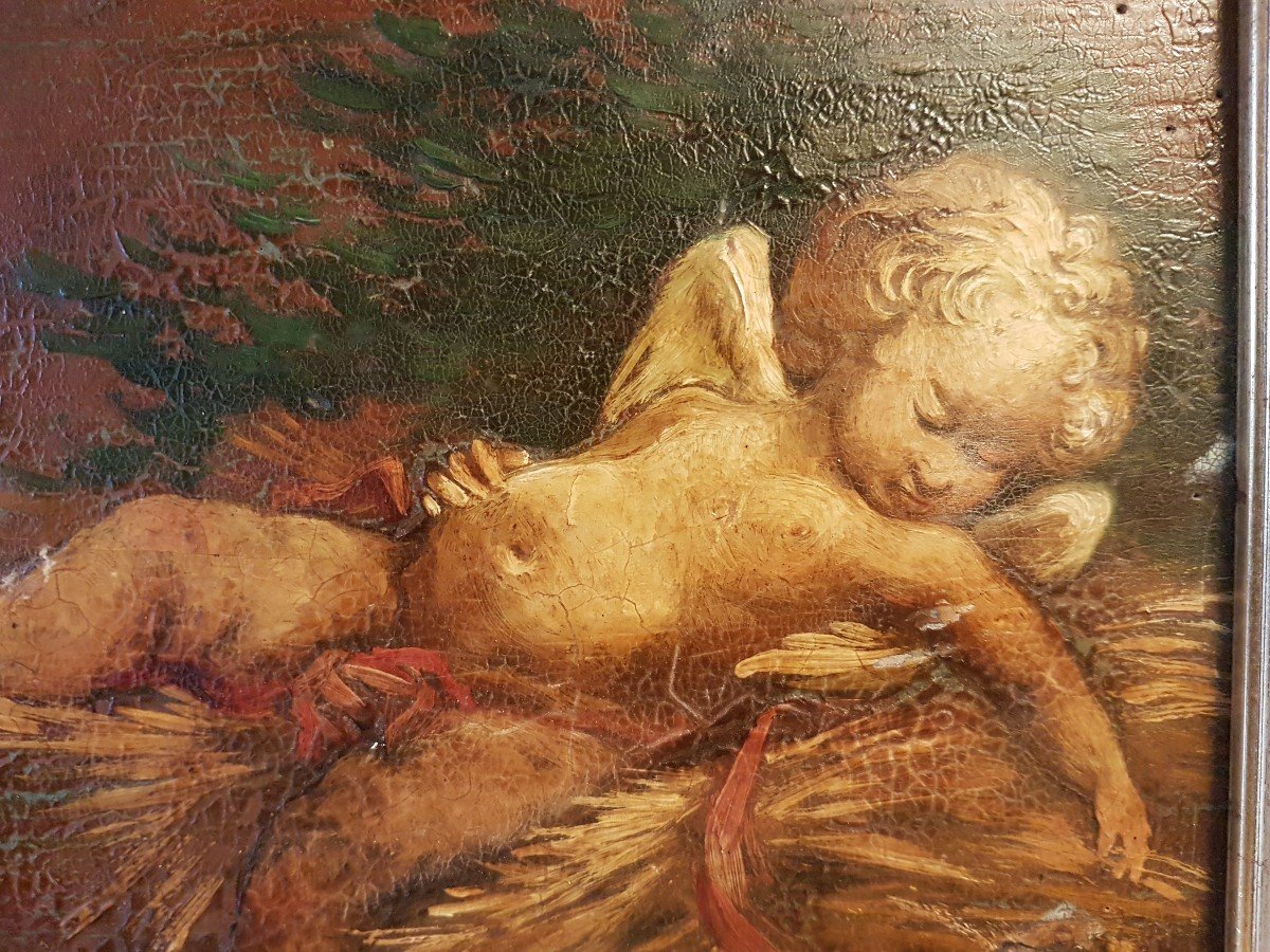 Antique 19th Century French Oil Painting Sleeping Angel in Rare Square Format