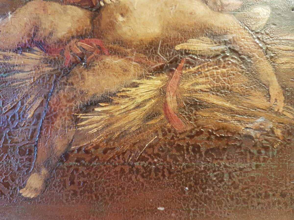 Antique 19th Century French Oil Painting Sleeping Angel in Rare Square Format