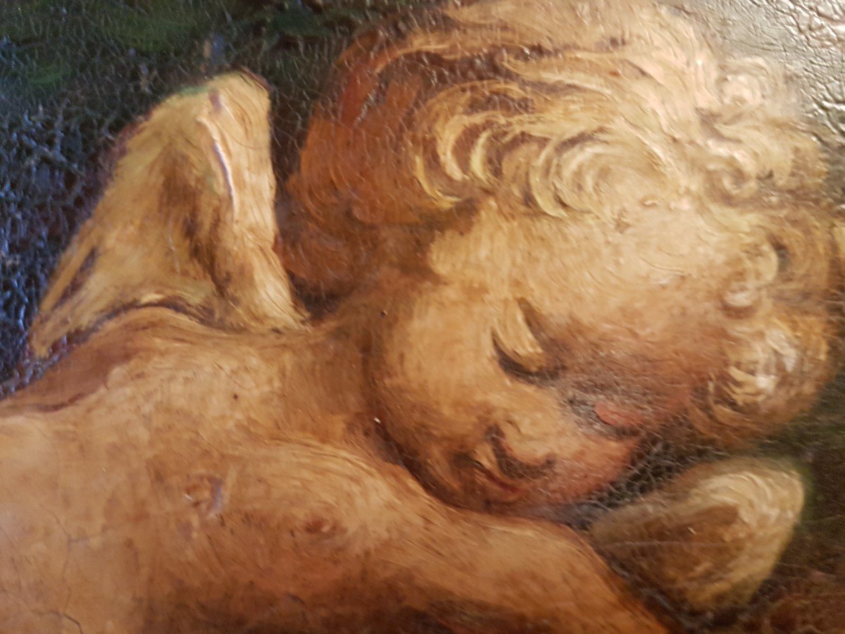 Antique 19th Century French Oil Painting Sleeping Angel in Rare Square Format