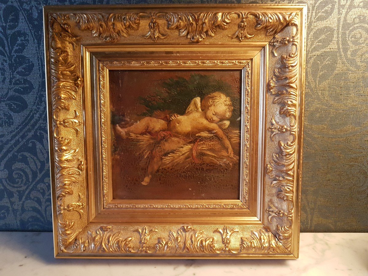 Antique 19th Century French Oil Painting Sleeping Angel in Rare Square Format