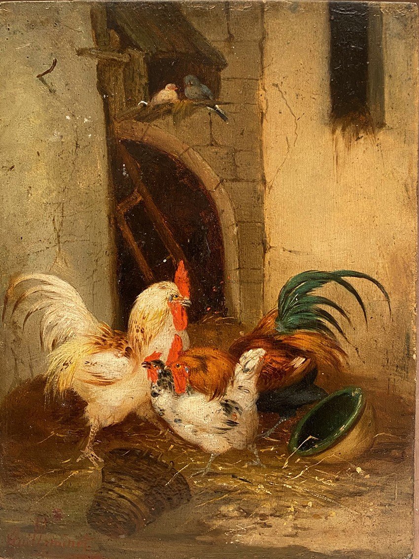 Antique 19th Century French Oil Painting Farmyard Scene Roosters and Hens