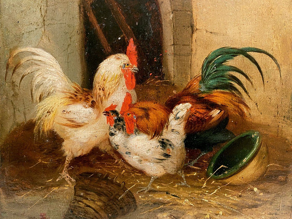 Antique 19th Century French Oil Painting Farmyard Scene Roosters and Hens
