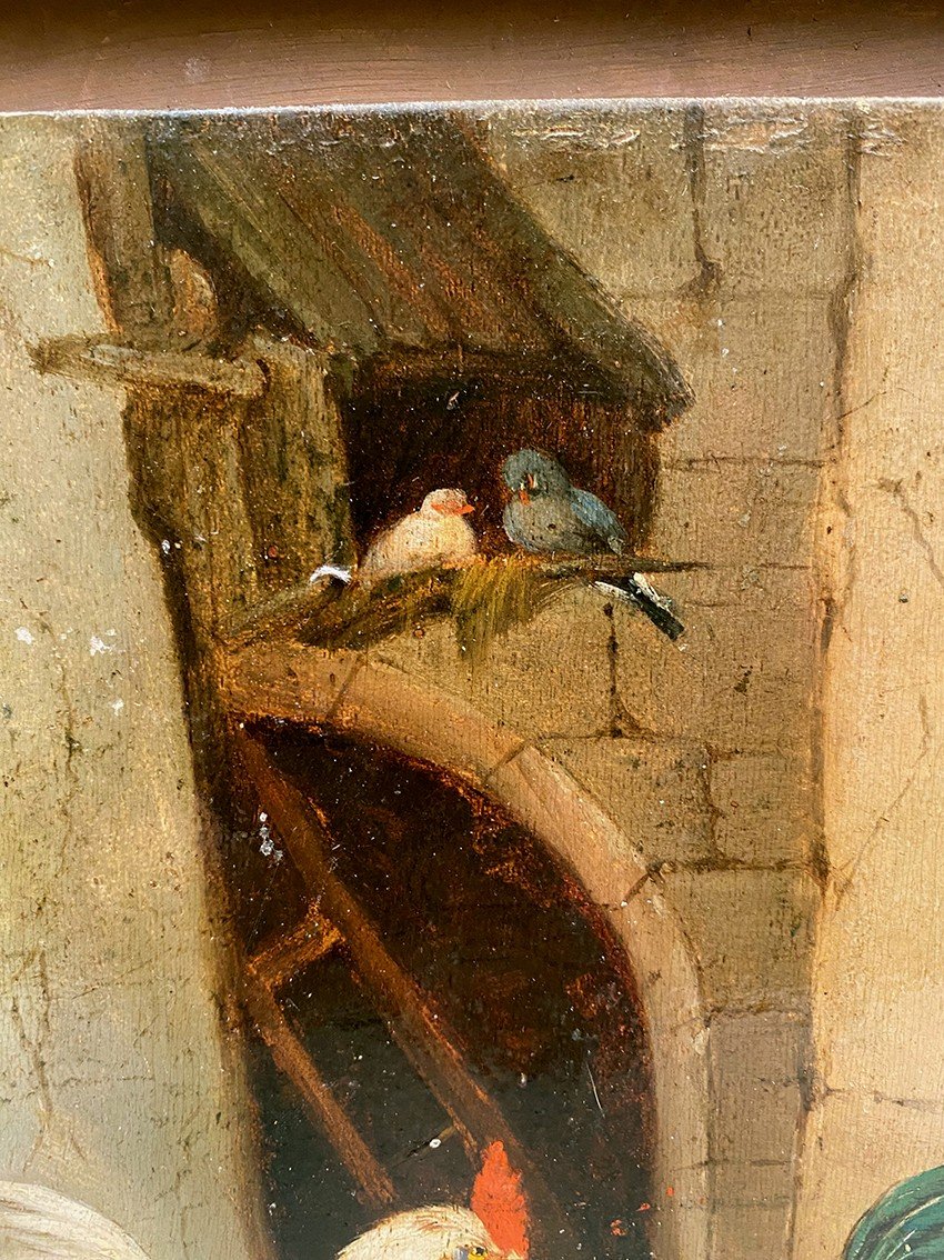 Antique 19th Century French Oil Painting Farmyard Scene Roosters and Hens