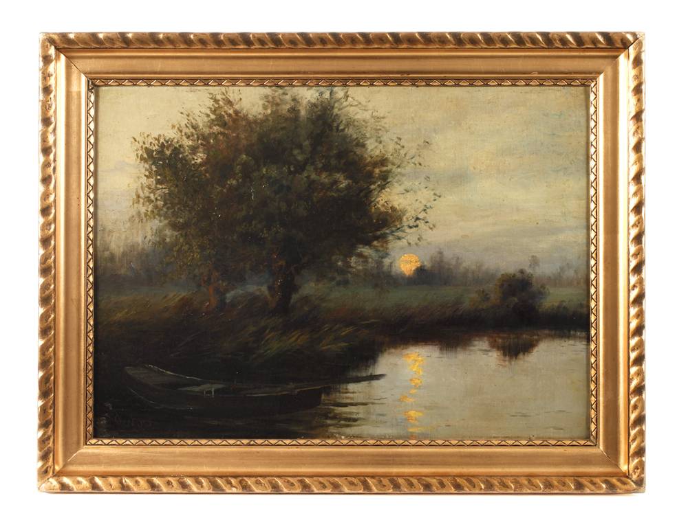 Antique Landscape Oil Painting Evening by the Lake