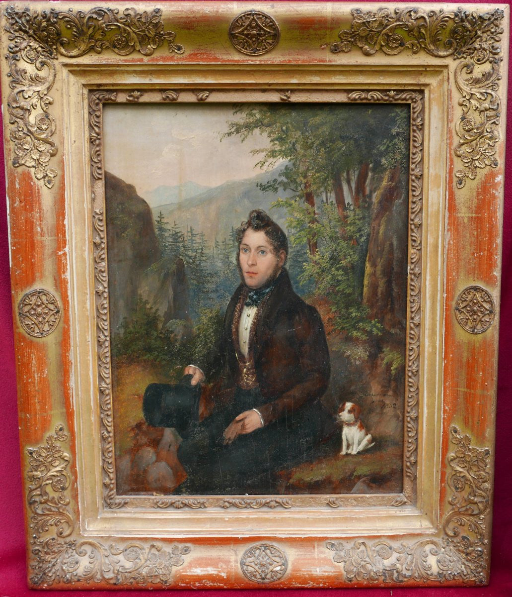 Antique Early 19th Century French Signed Oil Portrait of a Gentleman and His Dog with Original Frame