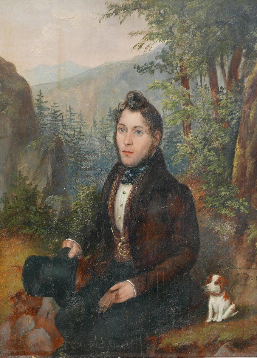 Antique Early 19th Century French Signed Oil Portrait of a Gentleman and His Dog with Original Frame