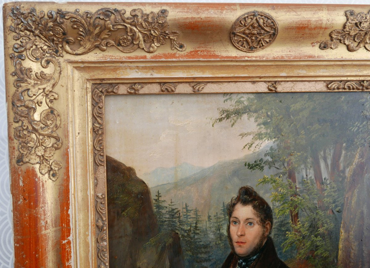 Antique Early 19th Century French Signed Oil Portrait of a Gentleman and His Dog with Original Frame