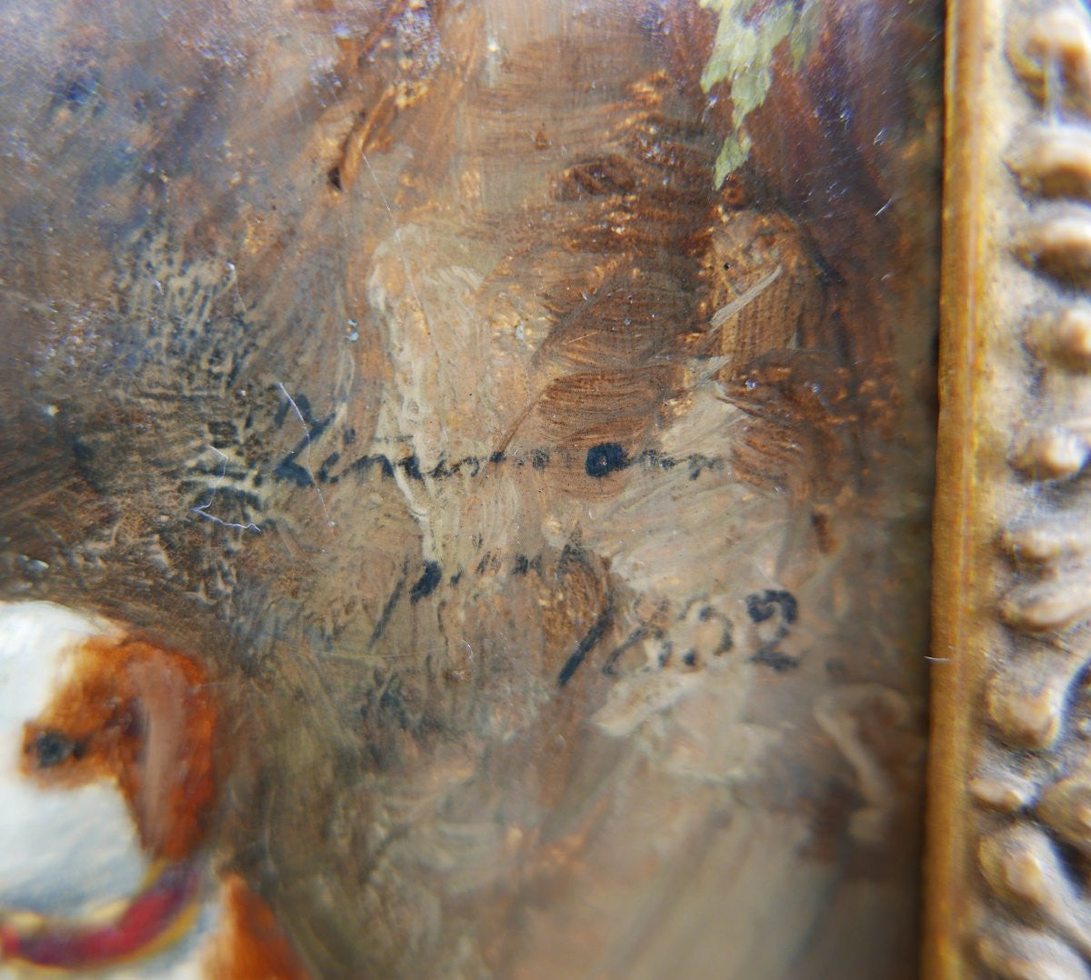 Antique Early 19th Century French Signed Oil Portrait of a Gentleman and His Dog with Original Frame