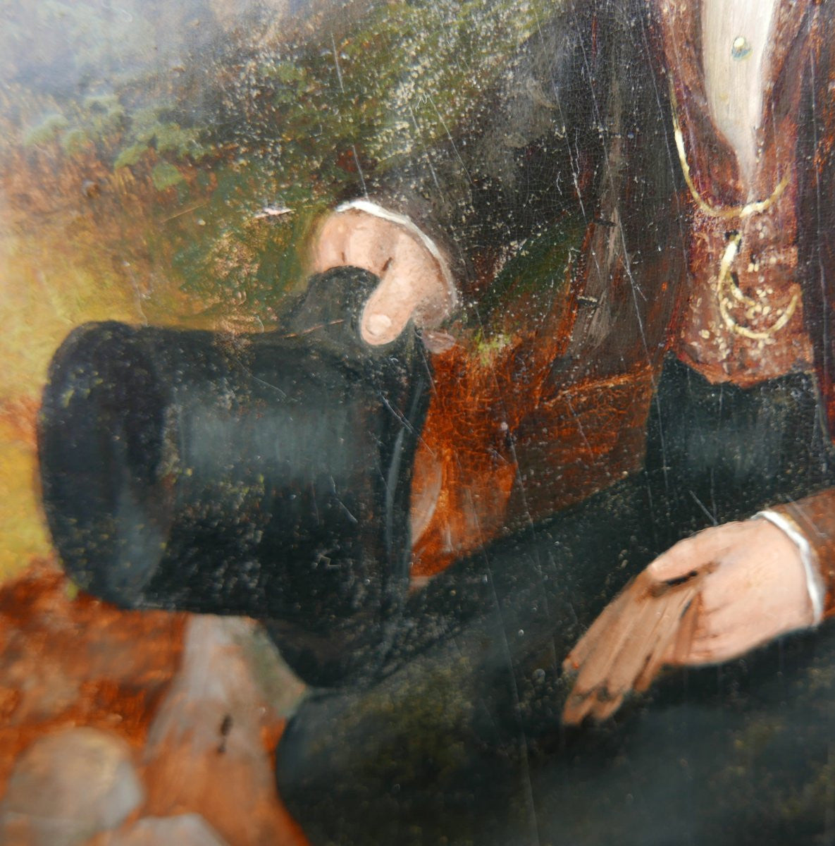 Antique Early 19th Century French Signed Oil Portrait of a Gentleman and His Dog with Original Frame