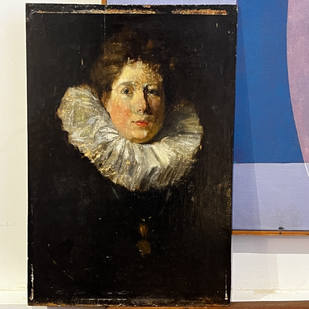 Antique 19th Century French Oil Portrait with Ruff Collar