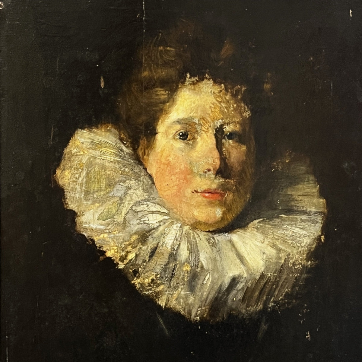 Antique 19th Century French Oil Portrait with Ruff Collar