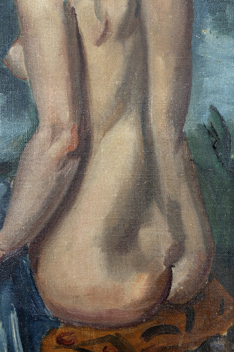 French Art Deco Large Signed Oil Painting of a Nude Woman by the River (24.4" x 33.7")