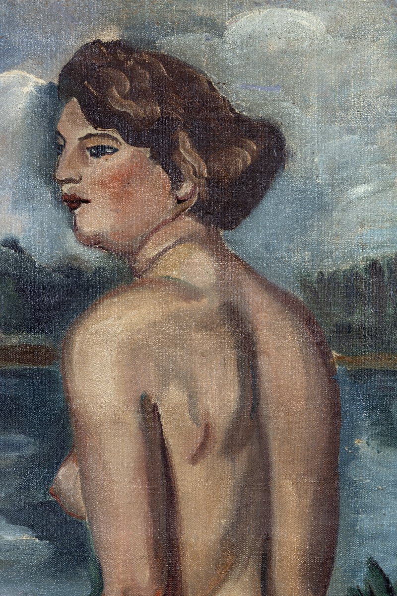 French Art Deco Large Signed Oil Painting of a Nude Woman by the River (24.4" x 33.7")
