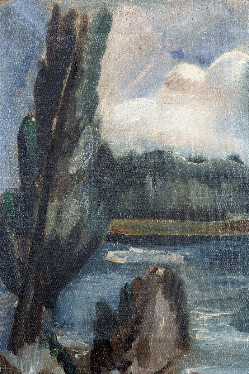 French Art Deco Large Signed Oil Painting of a Nude Woman by the River (24.4" x 33.7")