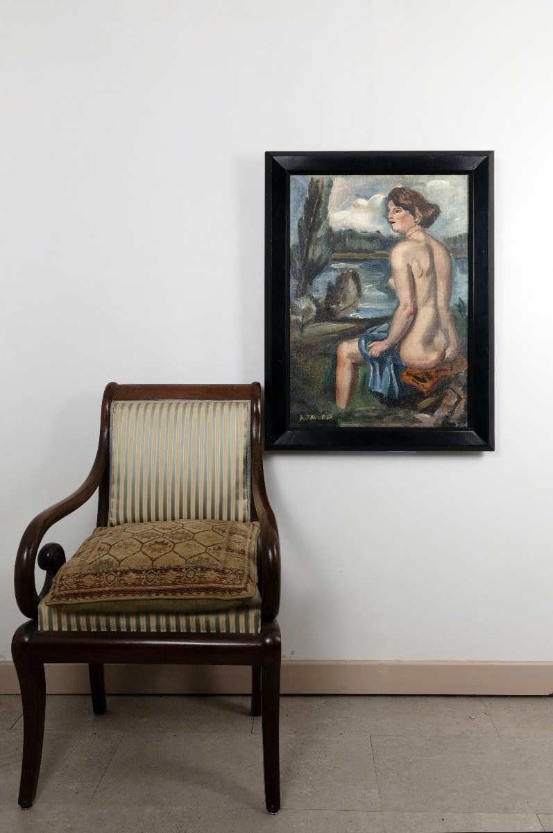 French Art Deco Large Signed Oil Painting of a Nude Woman by the River (24.4" x 33.7")