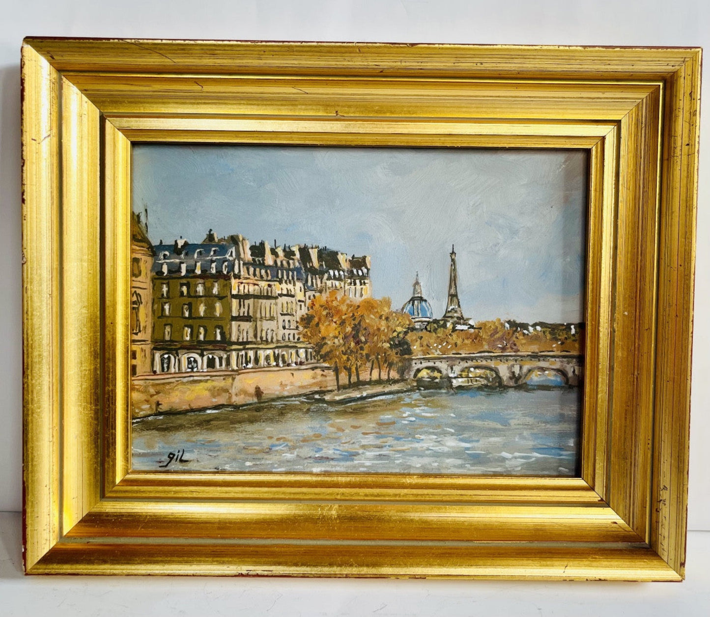 Quais de Seine, Paris – Vintage French Original Painting in Gilded Frame