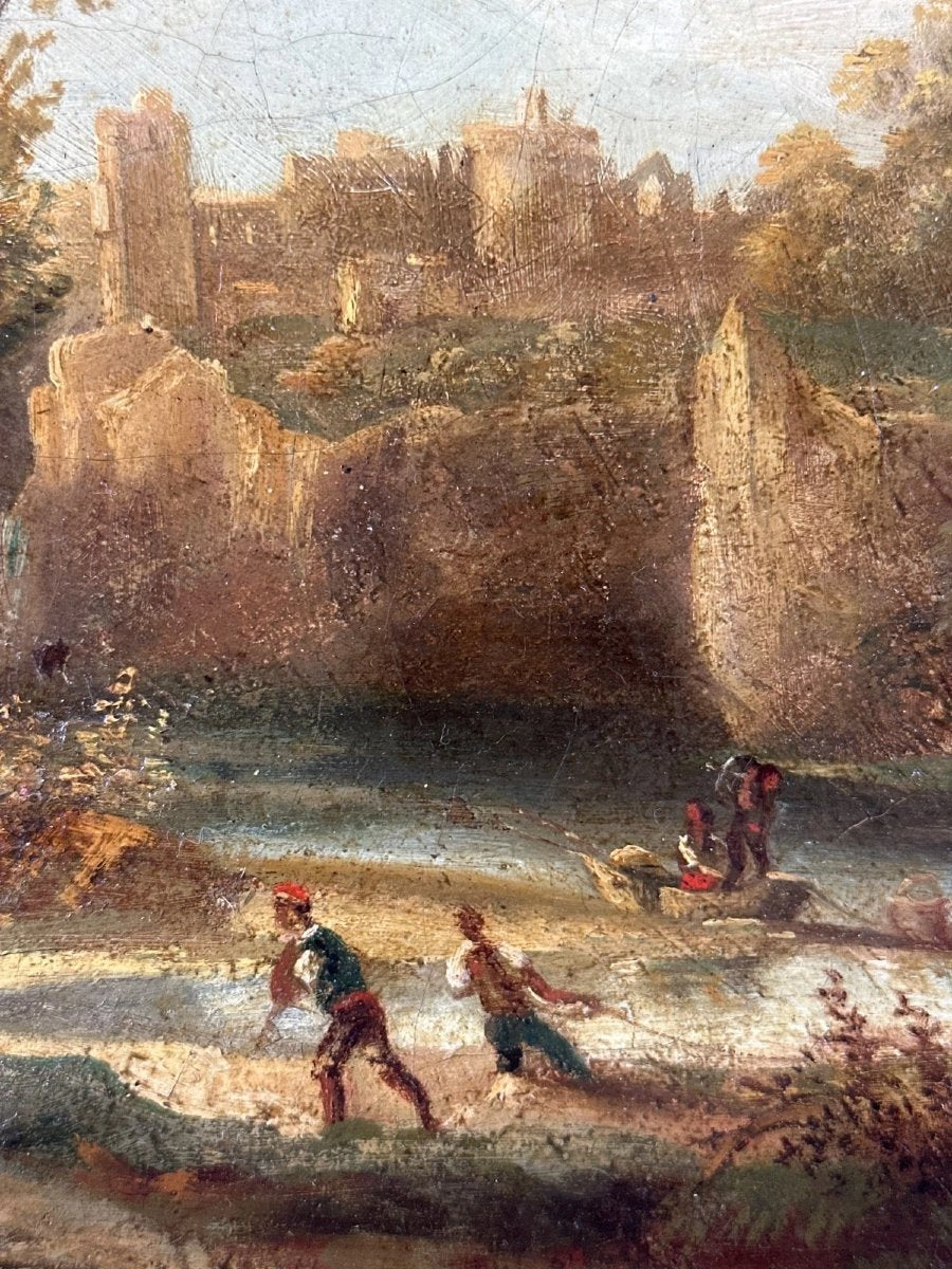 Antique 18th Century French School Landscape Oil Painting with Castle Ruins and Figures in the Style of Claude-Joseph Vernet