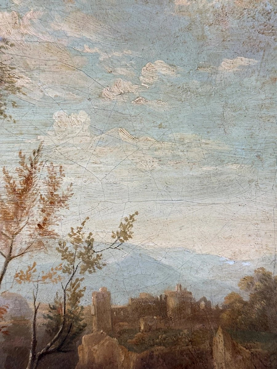 Antique 18th Century French School Landscape Oil Painting with Castle Ruins and Figures in the Style of Claude-Joseph Vernet