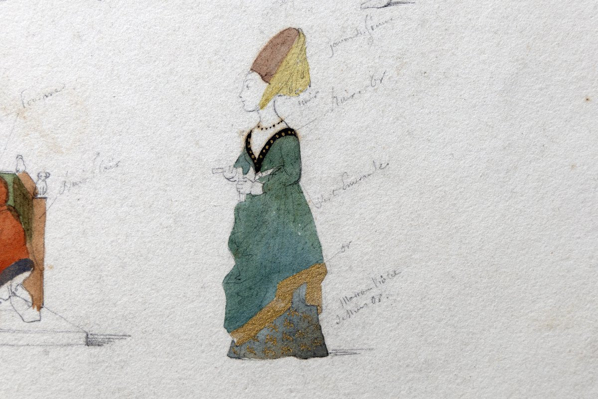 Antique 19th-Century French Costume Studies Theatrical Costume Design Sketch Medieval Dress