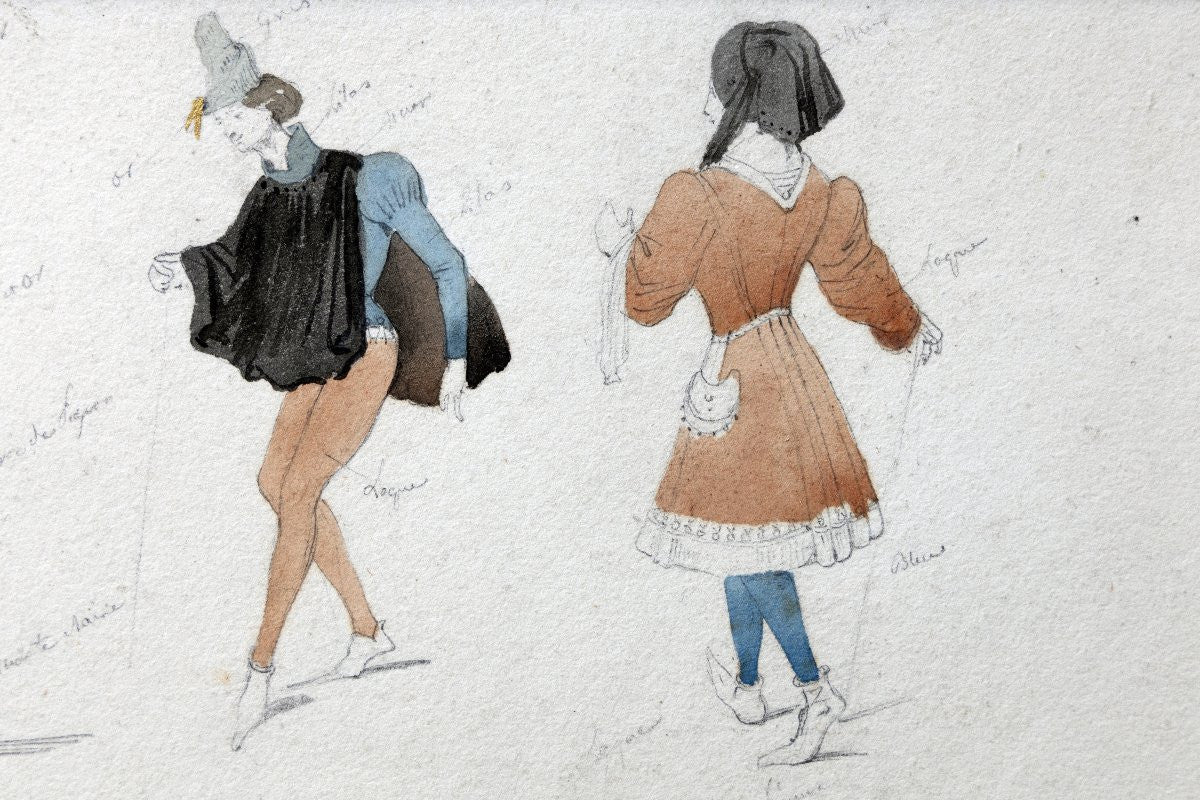 Antique 19th-Century French Costume Studies Theatrical Costume Design Sketch Medieval Dress