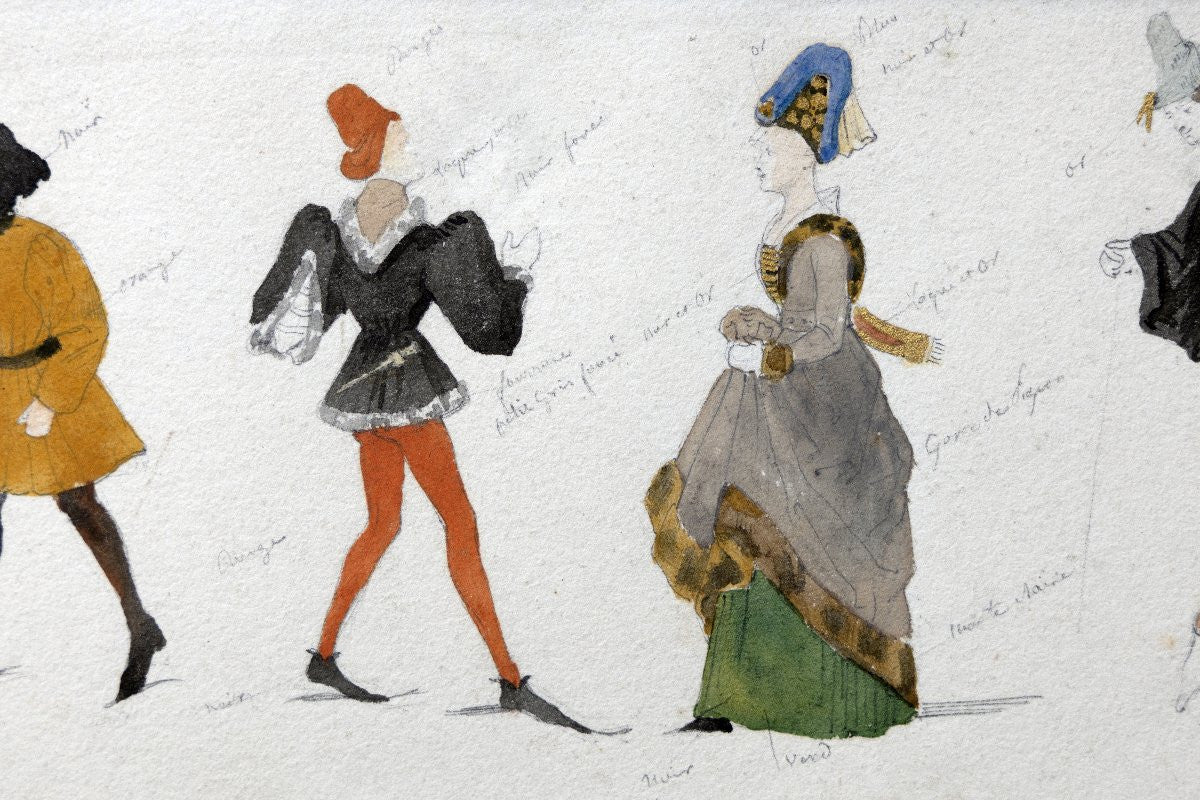 Antique 19th-Century French Costume Studies Theatrical Costume Design Sketch Medieval Dress
