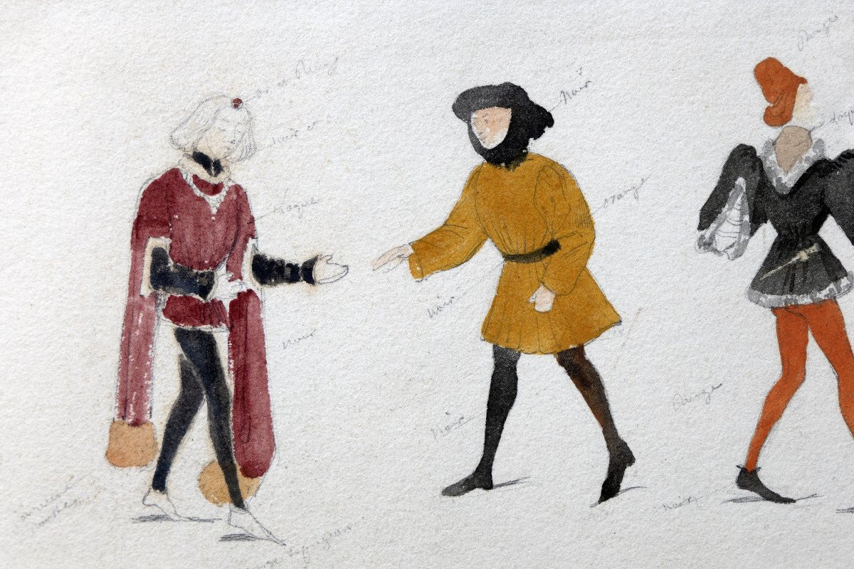 Antique 19th-Century French Costume Studies Theatrical Costume Design Sketch Medieval Dress