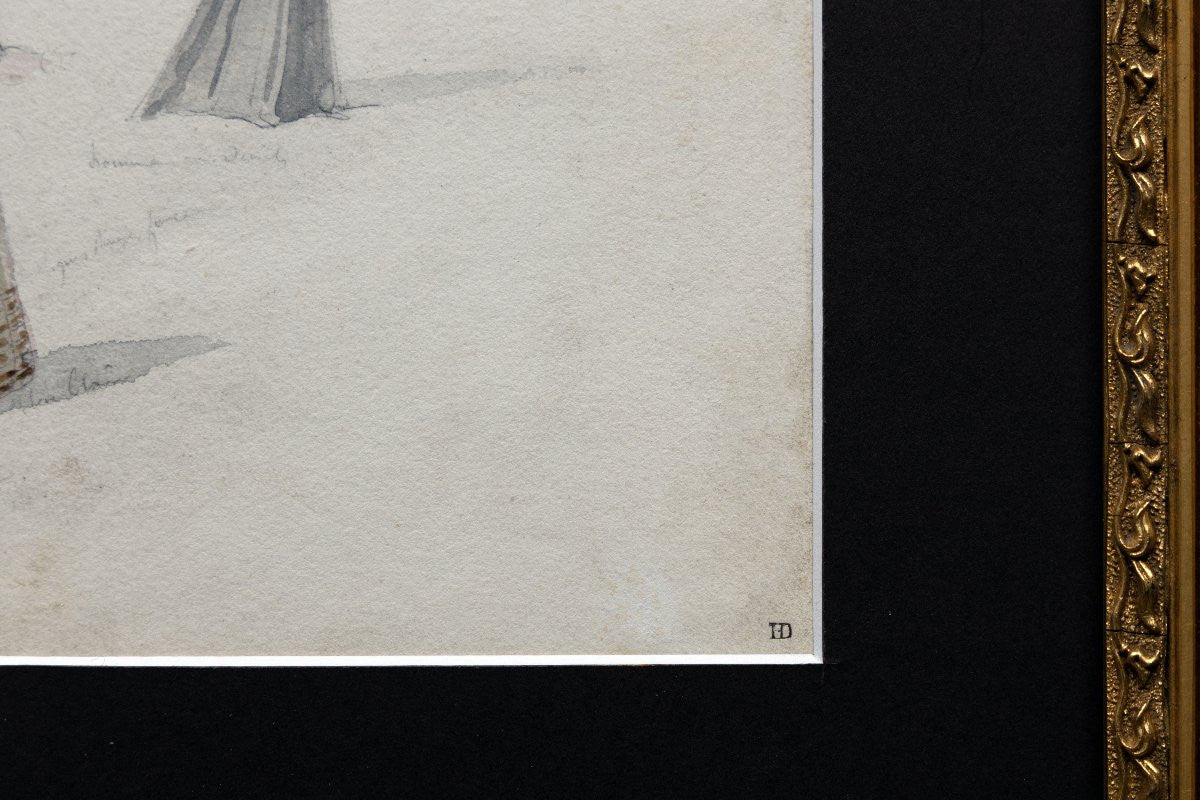 Antique 19th-Century French Costume Studies Theatrical Costume Design Sketch Renaissance Dress