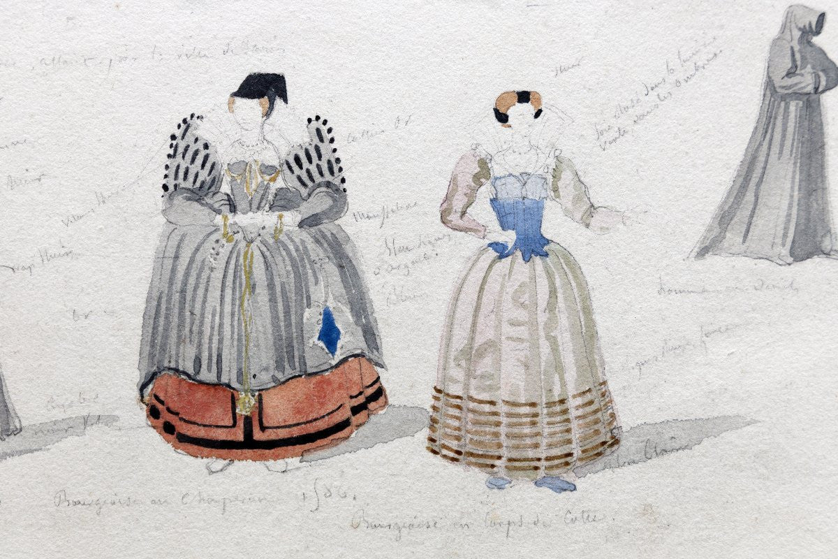 Antique 19th-Century French Costume Studies Theatrical Costume Design Sketch Renaissance Dress