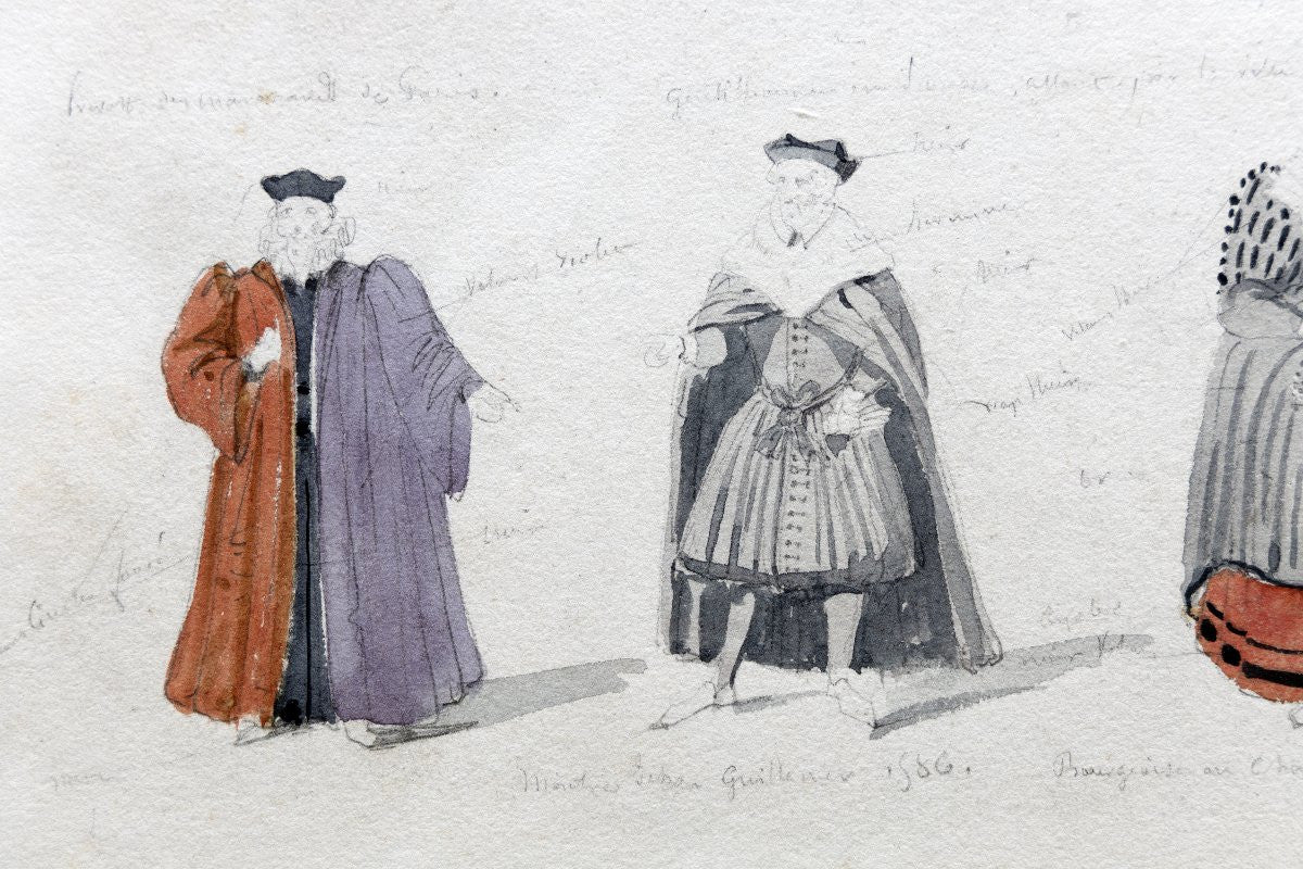 Antique 19th-Century French Costume Studies Theatrical Costume Design Sketch Renaissance Dress
