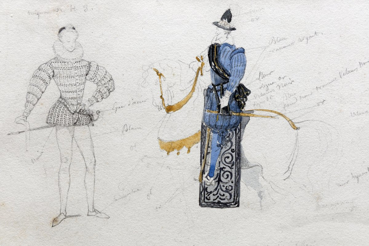 Antique 19th-Century French Costume Studies Theatrical Costume Design Sketch Renaissance Dress