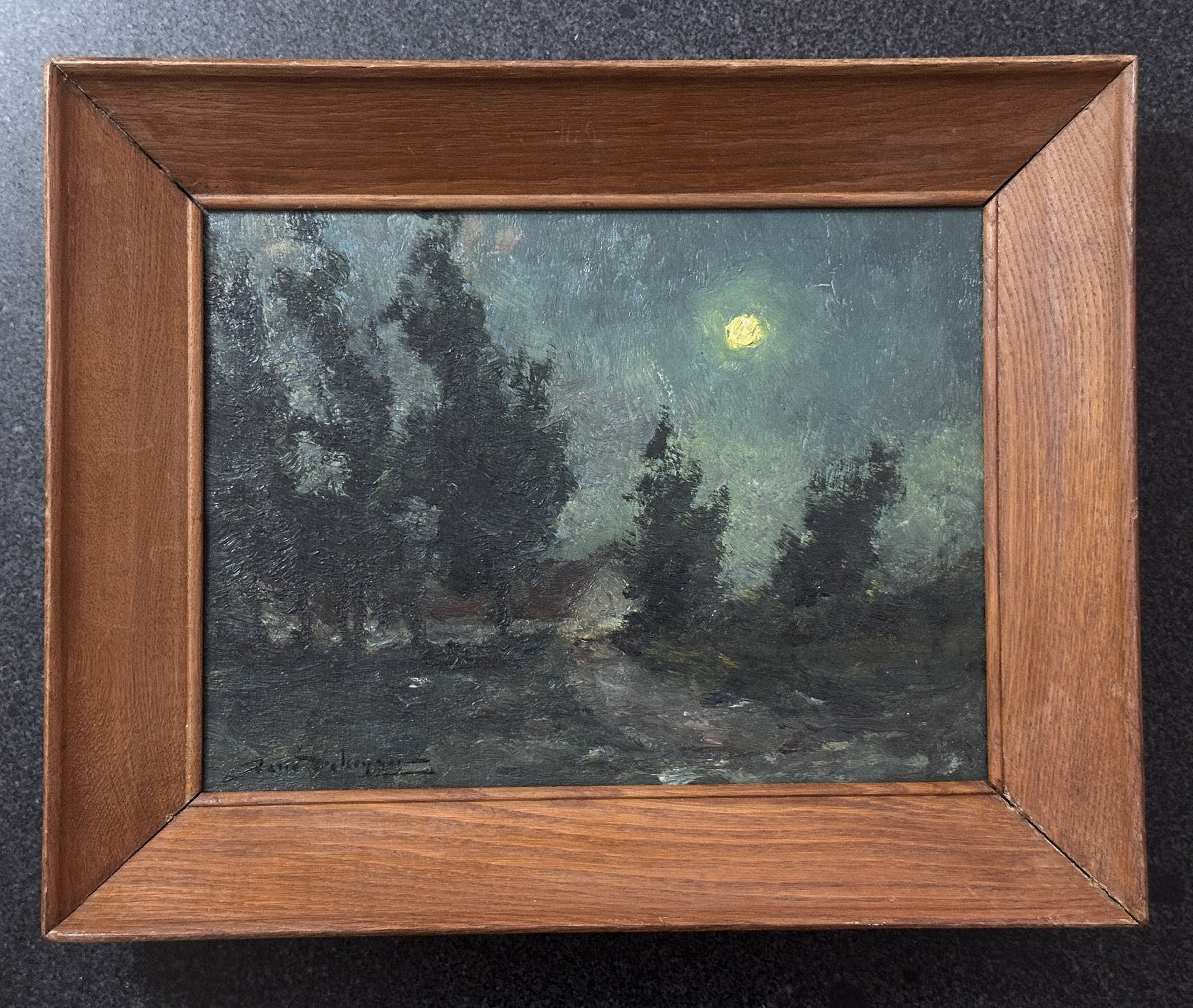 French Nocturne Moonlit Woodland Landscape Oil Painting (1927)
