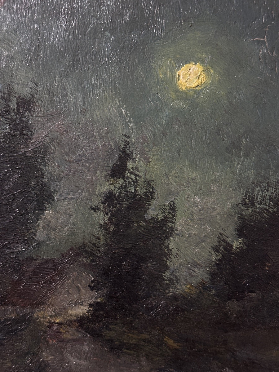 French Nocturne Moonlit Woodland Landscape Oil Painting (1927)