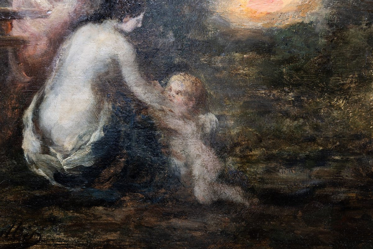 Antique 19th Century French Mythological Oil Painting by Marie-Abraham Rosalbin de Buncey, Pupil of Léon Cogniet Who Also Taught Rosa Bonheur, Meissonier and Bonnat