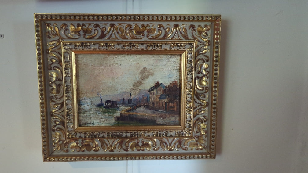 Early 20th Century French Oil Painting of the Seine Signed with Original Gilt Frame