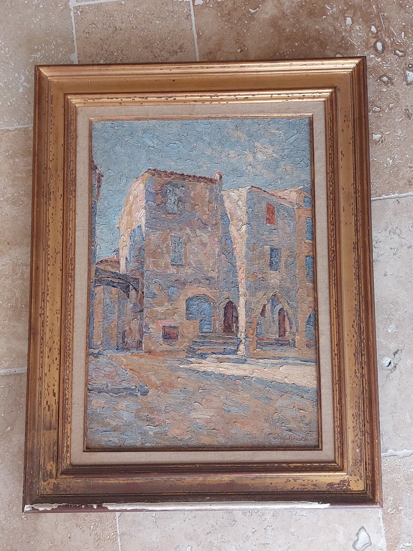 Provençal Street Scene Original French Oil Painting in Gilt Frame