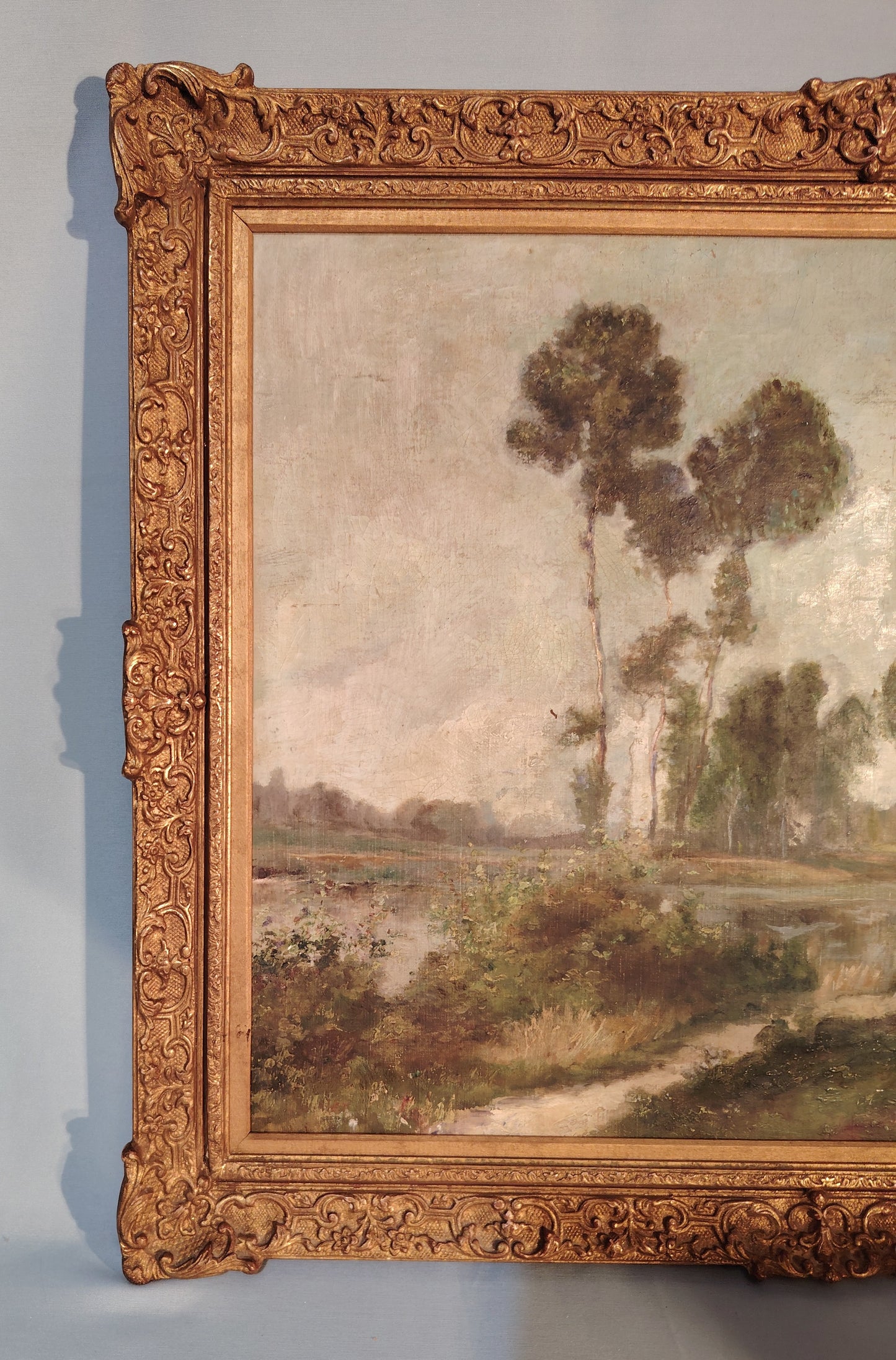 Antique 19th Century French Landscape Oil Painting in Golden Stucco Frame