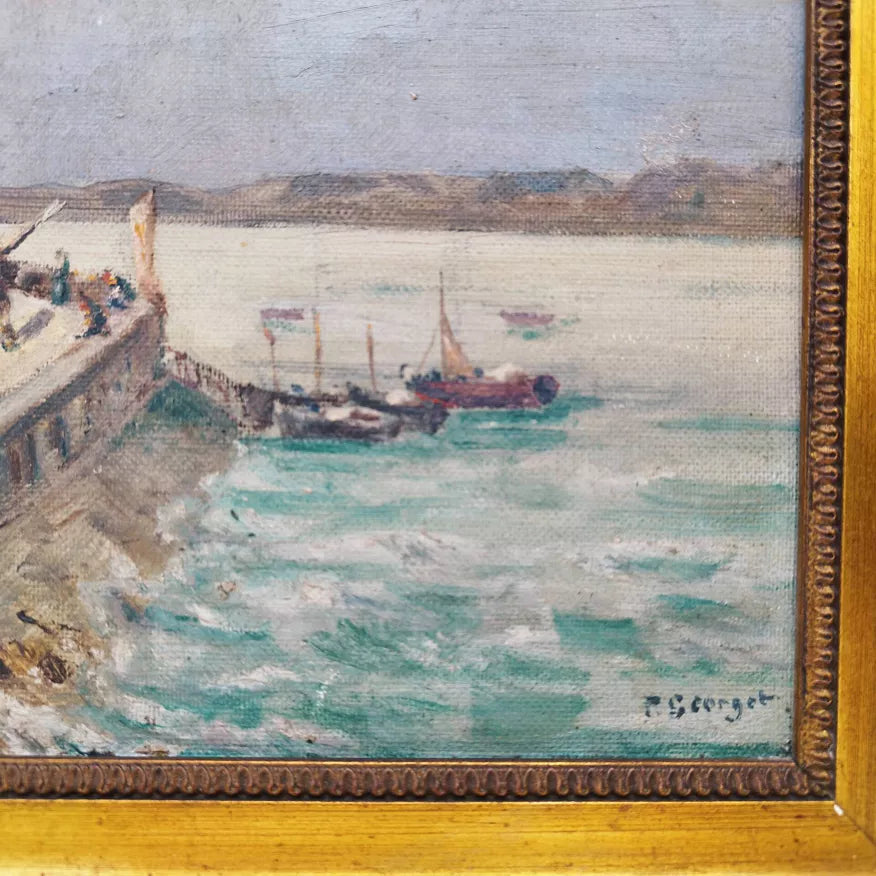 Vintage Oil Painting of a French Fisherman’s Village