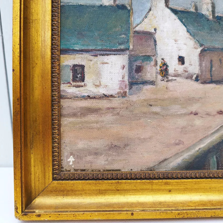 Vintage Oil Painting of a French Fisherman’s Village