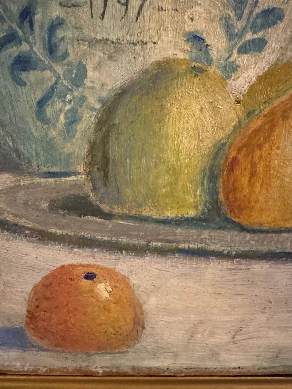 Antique Large Still Life Oil Painting with Fruit, Flowers and Pheasant (29.5" H × 34.7" W)