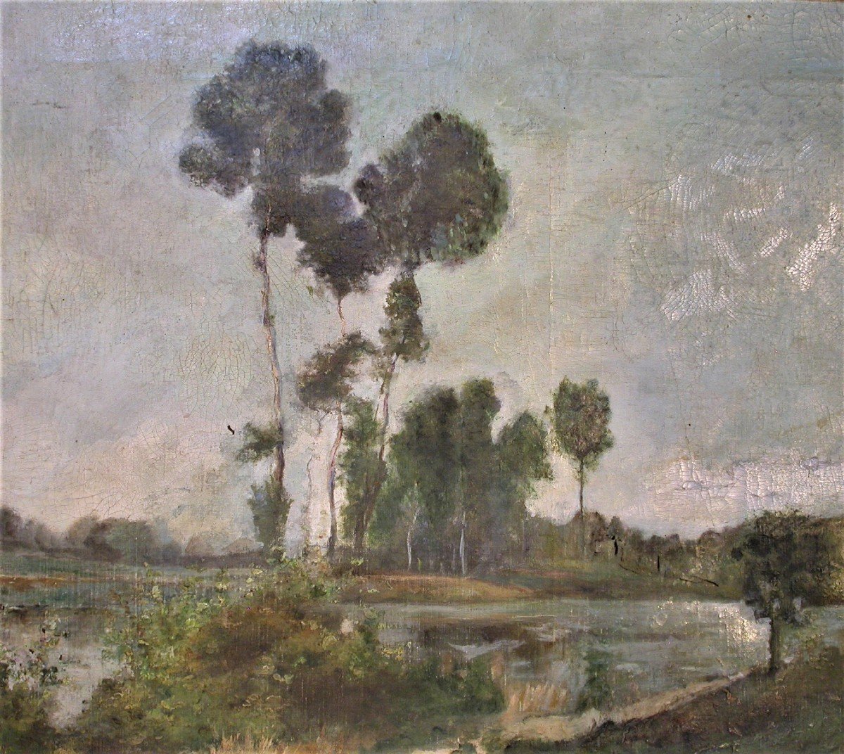 Antique 19th Century French Landscape Oil Painting in Golden Stucco Frame