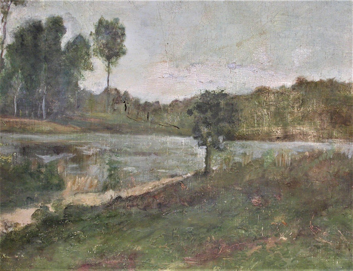 Antique 19th Century French Landscape Oil Painting in Golden Stucco Frame